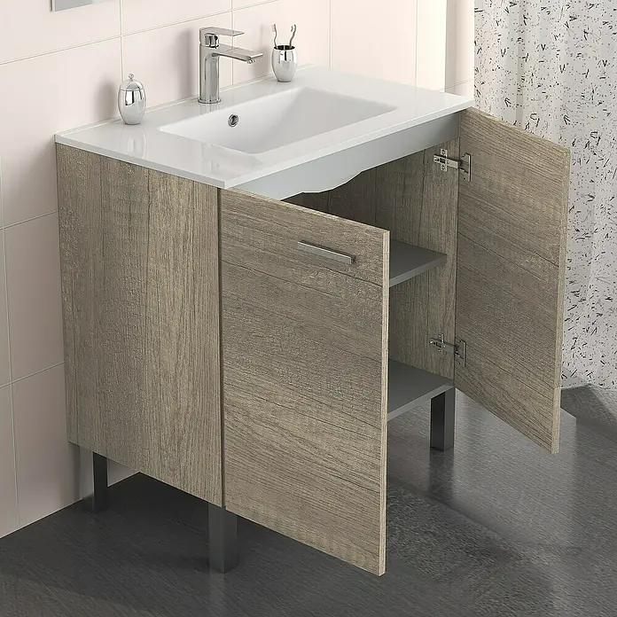 Artysan Mueble bajo de lavabo Fran - An x Pr x Al: 80 x 46 x 85 cm, Nebraska - Un tocador con aspecto de madera con encimera blanca y puertas abiertas, que ofrece espacio de almacenamiento.