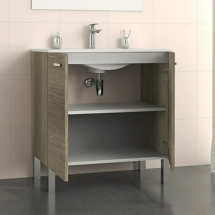 Artysan Mueble bajo de lavabo Fran - An x Pr x Al: 80 x 46 x 85 cm, Nebraska - Imagen de un mueble de baño con puertas abiertas, que revela dos estantes y se apoya sobre patas plateadas.