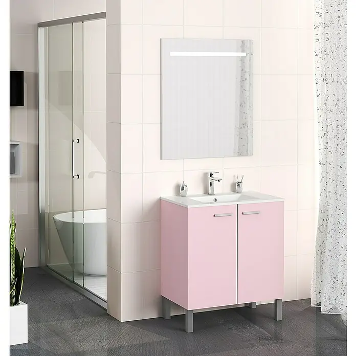 Artysan Mueble bajo de lavabo Fran - An x Pr x Al: 70 x 46 x 85 cm, Rosa - Mueble de lavabo rosa con espejo y lavabo en un baño moderno.