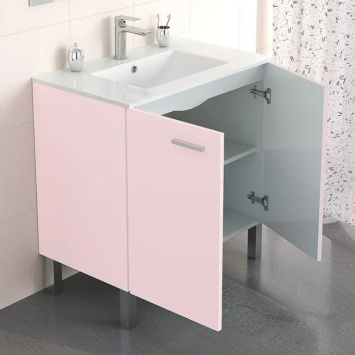 Artysan Mueble bajo de lavabo Fran - An x Pr x Al: 80 x 46 x 85 cm, Rosa - Un mueble de baño rosa claro con una puerta abierta y un estante, ideal para baños modernos.