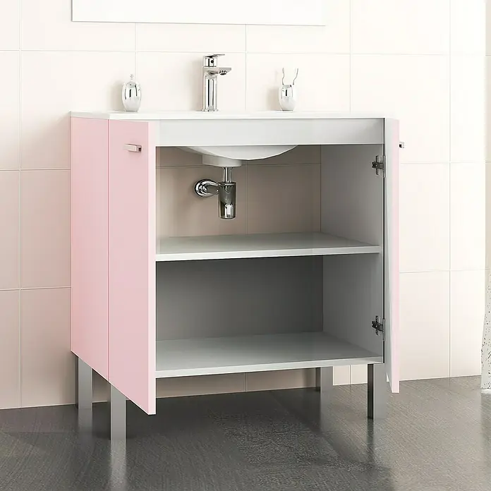 Artysan Mueble bajo de lavabo Fran - An x Pr x Al: 80 x 46 x 85 cm, Rosa - Mueble de lavabo rosa con puertas abiertas que revelan dos estantes y un grifo moderno, perfecto para un baño elegante.