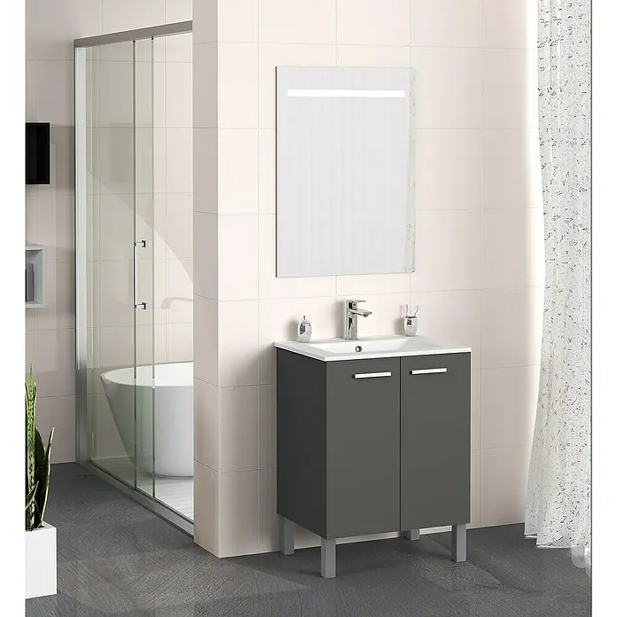 Artysan Mueble bajo de lavabo Fran - An x Pr x Al: 60 x 46 x 85 cm, Antracita - Un tocador gris moderno con lavabo y espejo en el baño. El mueble está diseñado con estilo y funcionalidad.
