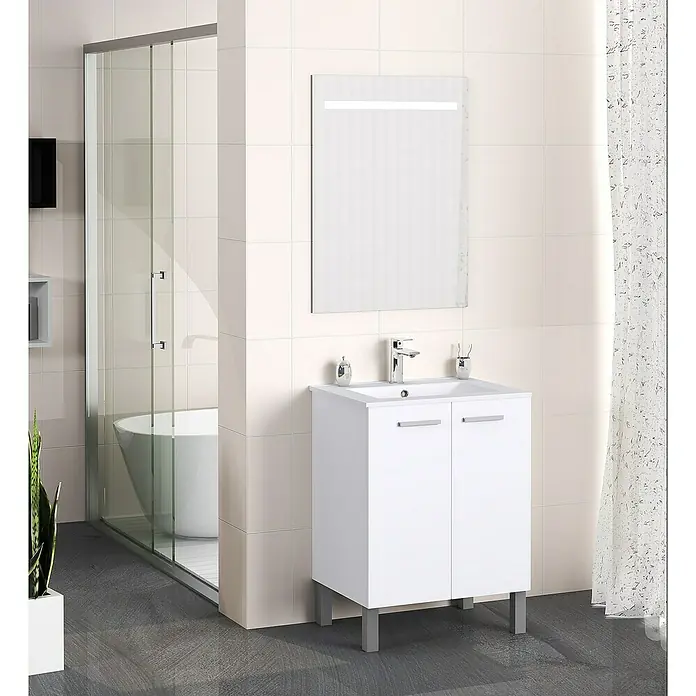 Artysan Mueble bajo de lavabo Fran - An x Pr x Al: 60 x 46 x 85 cm, Blanco seda - Baño moderno con tocador blanco de dos puertas, lavabo y espejo iluminado.