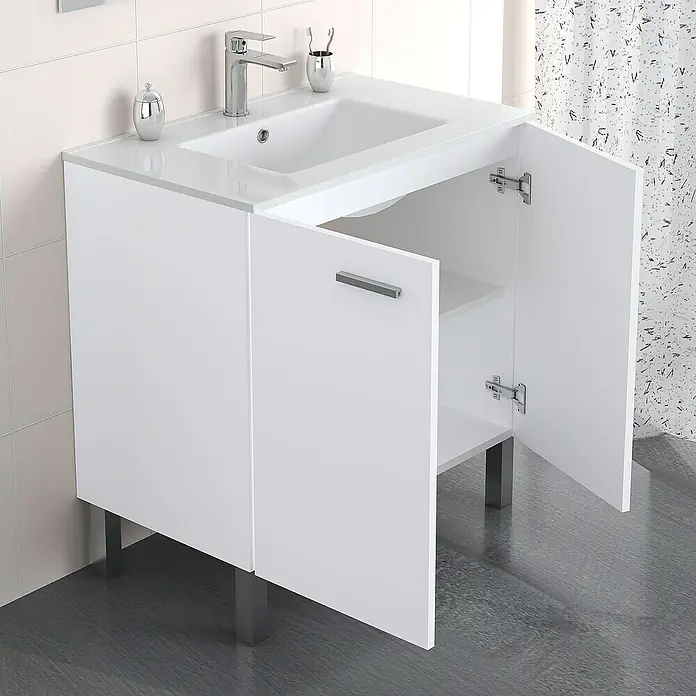 Artysan Mueble bajo de lavabo Fran - An x Pr x Al: 70 x 46 x 85 cm, Blanco seda - Mueble de baño con lavabo y espacio de armario abierto. El diseño es moderno y en blanco. Ideal para cualquier baño.