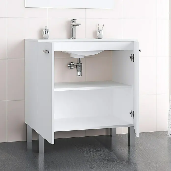 Artysan Mueble bajo de lavabo Fran - An x Pr x Al: 70 x 46 x 85 cm, Blanco seda - Imagen de un mueble de lavabo blanco con una puerta abierta que muestra espacio de almacenamiento y un diseño moderno para el baño.