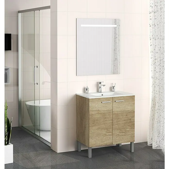 Artysan Mueble bajo de lavabo Fran - An x Pr x Al: 70 x 46 x 85 cm, Nature - Elegante mueble de baño con lavabo y espejo iluminado. El diseño moderno con aspecto de madera añade un toque cálido a tu baño.