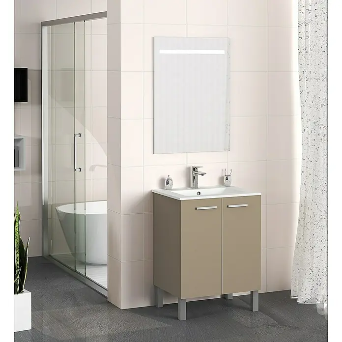 Artysan Mueble bajo de lavabo Fran - An x Pr x Al: 60 x 46 x 85 cm, Fango - Baño moderno con mueble de lavabo color topo y espejo iluminado, un diseño para un ambiente elegante.