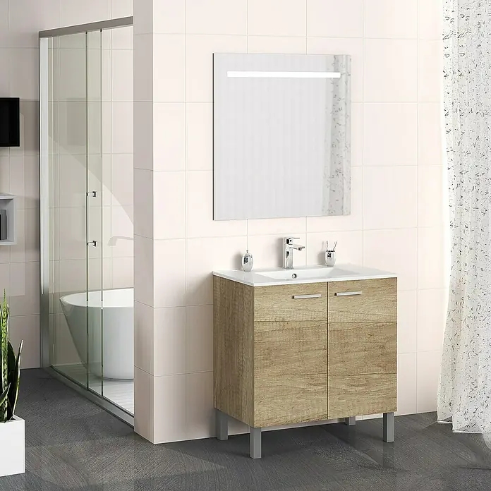 Artysan Mueble bajo de lavabo Fran kit - L x An x Al: 46 x 80 x 84 cm, Nature - Interior de baño moderno con mueble de lavabo con aspecto de madera y espejo iluminado en la pared.