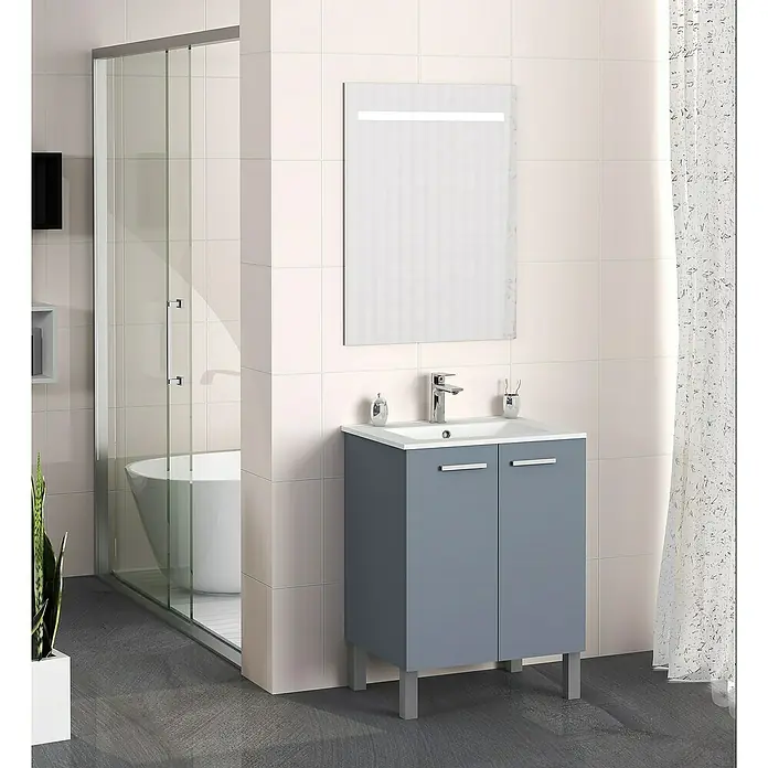 Artysan Mueble bajo de lavabo Fran - An x Pr x Al: 60 x 46 x 85 cm, Azul - Elegante lavabo de baño con espejo moderno. El mueble gris ofrece un elegante espacio de almacenamiento.