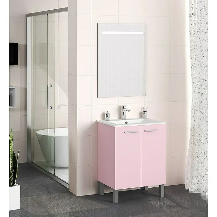 Artysan Mueble bajo de lavabo Fran - An x Pr x Al: 60 x 46 x 85 cm, Rosa - Elegante mueble de baño rosa con lavabo y espejo, ideal para diseños de baño modernos.