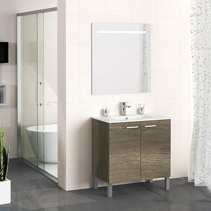Artysan Mueble bajo de lavabo Fran - An x Pr x Al: 80 x 46 x 85 cm, Nebraska - Baño con mueble de lavabo de madera y espejo iluminado.