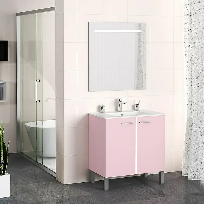 Artysan Mueble bajo de lavabo Fran - An x Pr x Al: 80 x 46 x 85 cm, Rosa - Baño con mueble de lavabo rosa, espejo con iluminación integrada y ducha a ras de suelo.