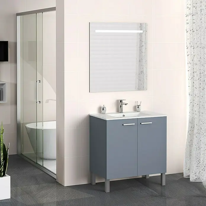 Artysan Mueble bajo de lavabo Fran - An x Pr x Al: 80 x 46 x 85 cm, Azul - Baño con un mueble de lavabo gris de dos puertas, un lavabo blanco encima y un espejo iluminado encima.