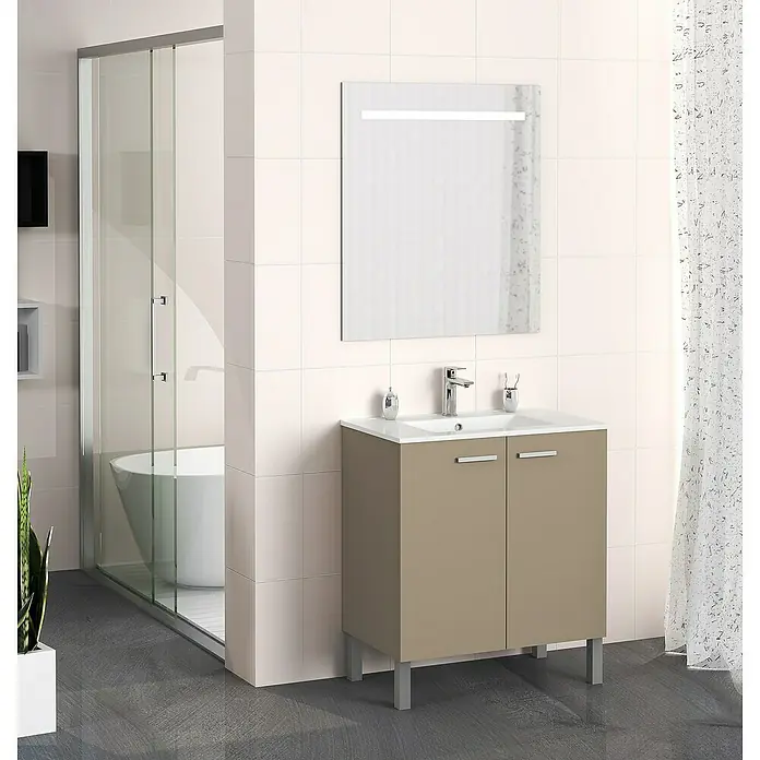 Artysan Mueble bajo de lavabo Fran - An x Pr x Al: 70 x 46 x 85 cm, Fango - Mueble de baño con lavabo y espejo, diseño moderno en beige con lavabo sobre encimera blanco y grifo cromado.