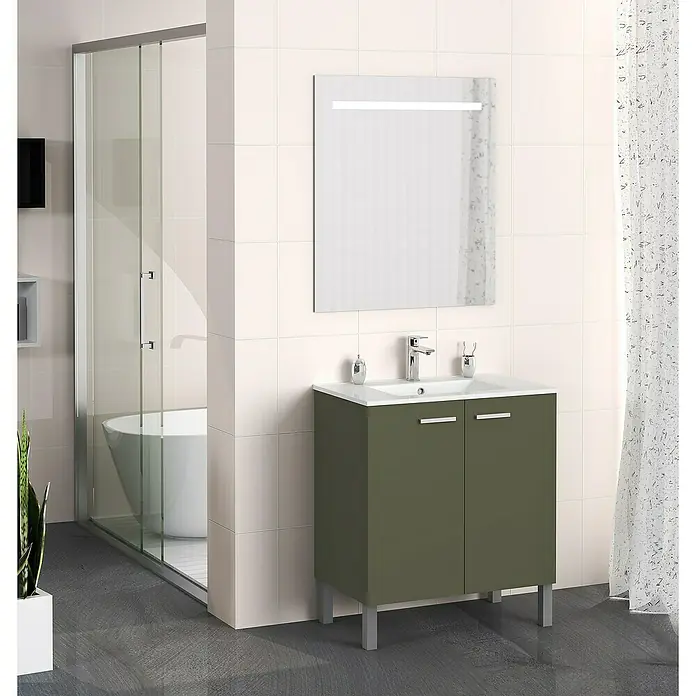 Artysan Mueble bajo de lavabo Fran - An x Pr x Al: 70 x 46 x 85 cm, Musgo - Mueble de baño moderno con gabinete verde oliva y espejo iluminado. Diseño elegante para tu baño.