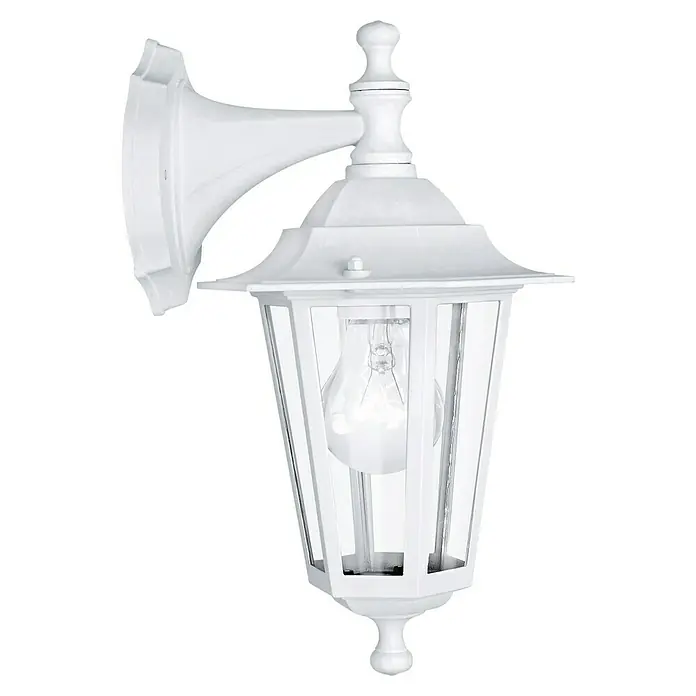 Eglo Laterna 5 Außenwandleuchte - 60 W, Weiß, Klar, IP44, Höhe: 35 cm - Nahaufnahme einer weißen Außenwandleuchte im klassischen Laternenstil mit einer klaren Glühbirne, die ein helles und einladendes Licht ausstrahlt.