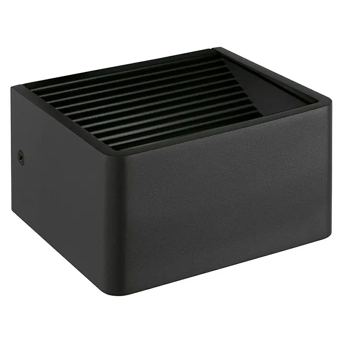 Eglo Doninni Aplique exterior LED Doninni - 6 W, 135 x 120 x 75 mm, Antracita, IP44 - Una lámpara de pared moderna en forma de cubo negro con una parte superior acanalada. Su diseño minimalista ofrece iluminación ambiental.