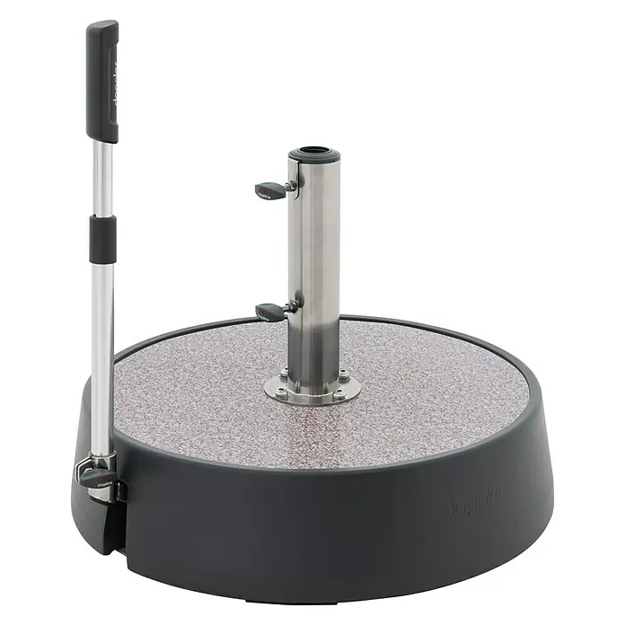 Doppler Expert Abdeckplatte Easy Move - Granit Hell, Passend für: Doppler Expert Granitschirmständer Easy Move - Ein grauer Doppler Sonnenschirmständer mit einem Teleskopgriff und einem Schirmhalter aus Edelstahl. Der Ständer hat eine runde Basis.