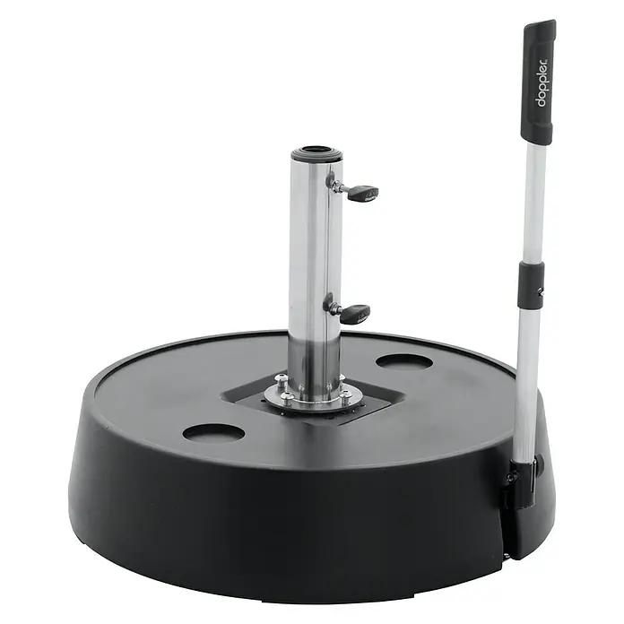 Doppler Expert Schirmständer rund Easy Move Switch - 50 kg - Bild von einem Doppler Sonnenschirmständer mit einem Schirmstockhalter. Der Ständer ist schwarz und der Halter ist silber.