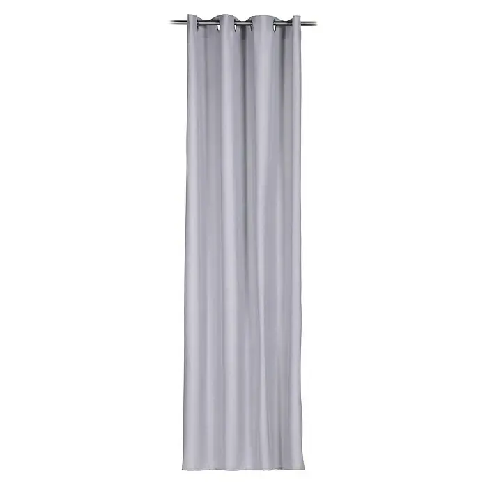 Ösenschal Linus - B x H: 140 x 245 cm, 100 % Polyester, Grau - Ein grauer Vorhang mit Metallösen hängt an einer Stange. Der Stoff fällt sanft und gleichmäßig.