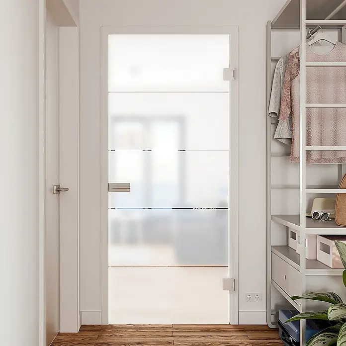 Diamond Doors Glasdrehtür Lines Positiv - 959 x 1.972 mm, DIN Rechts, Einscheibensicherheitsglas (ESG) - Eine moderne, satinierte Glastür mit minimalistischem Design, die Helligkeit und Privatsphäre verbindet.\n