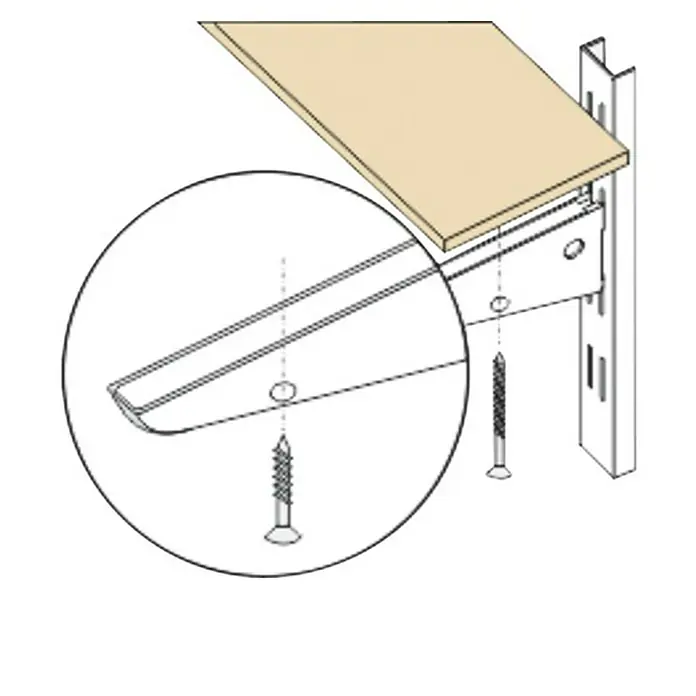 Regalux Kit de tornillos Boardfix - 40 ud. - Ilustración de un sistema de estanterías con estante, soporte y tornillos para montaje en pared.