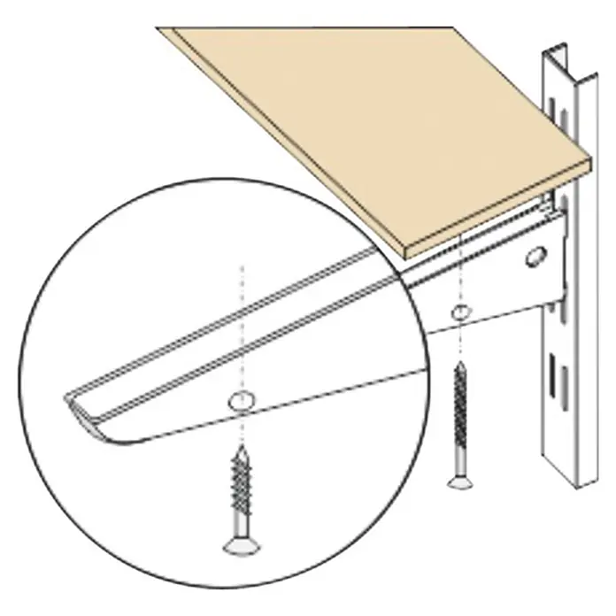 Regalux Kit de tornillos Boardfix - 40 ud. - Ilustración de un sistema de estanterías con estante, soporte y tornillos para montaje en pared.