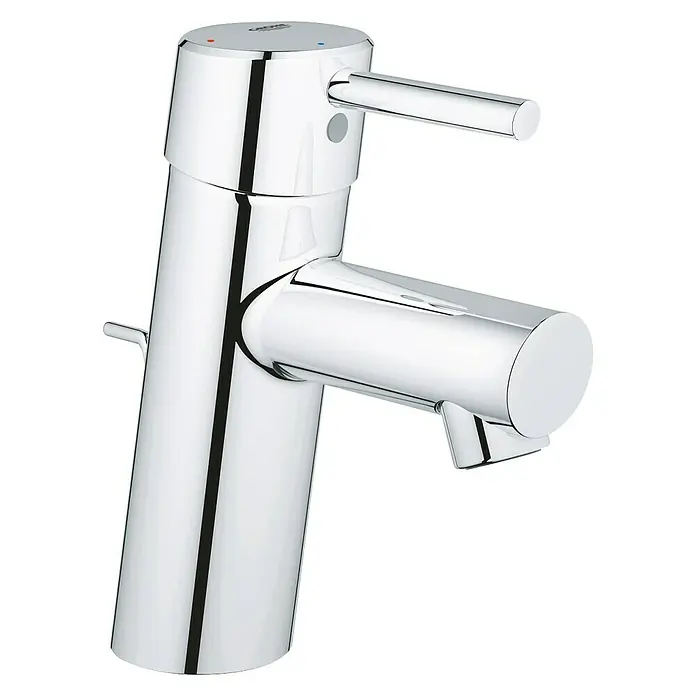 Grohe Concetto Waschtischarmatur S-Size mit Energie-Spar-Funktion - Mit Zugstange, Chrom, Glänzend - Nahaufnahme eines glänzenden Chrom-Wasserhahns mit Hebel und Auslauf auf schwarzem Hintergrund.