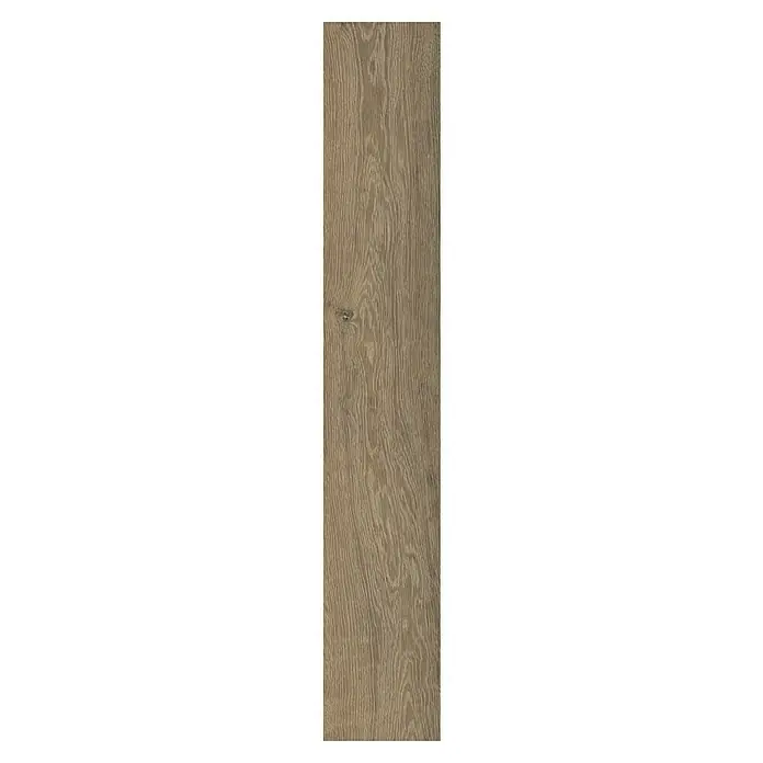 LOGOCLIC Hartvinylboden ElementPro Starlight - 1.210 x 234 x 5 mm, Landhausdiele, Starlight - Nahaufnahme einer einzelnen braunen Holzdiele, die die natürliche Maserung und Textur des Holzes hervorhebt.\n