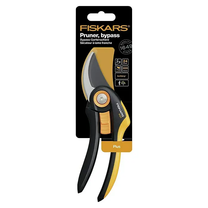 Fiskars Plus Gartenschere P521 - Bypass, Max. Aststärke: 24 mm - Abbildung einer Fiskars Bypass-Gartenschere P521 Plus, ein nützliches Werkzeug für jeden Gärtner, der seine Pflanzen beschneiden möchte.