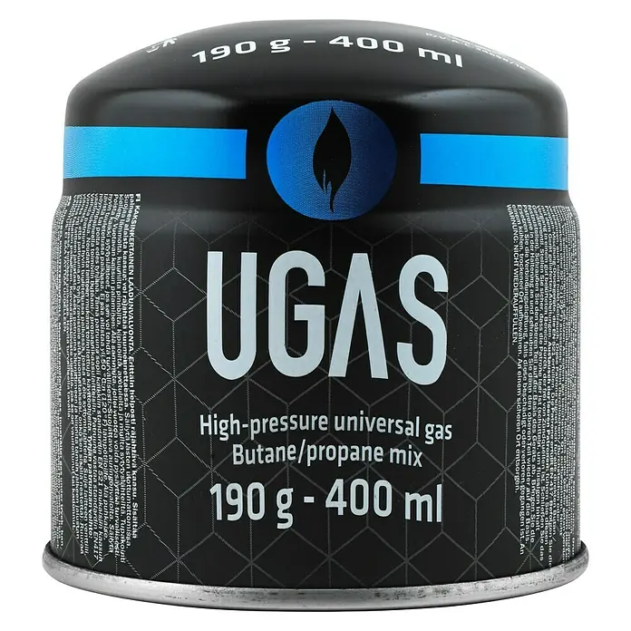 Stechkartusche - 190 g - Detaillierte Aufnahme einer schwarzen UG Gas Hochdruck-Universalgaskartusche mit 190 g - 400 ml Füllmenge.