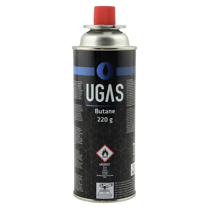 Gaskartusche - 220 g - Eine Dose UGAS Butan, mit roter Kappe, mit wichtigen Warnhinweisen und Anweisungen für eine sichere Verwendung.
