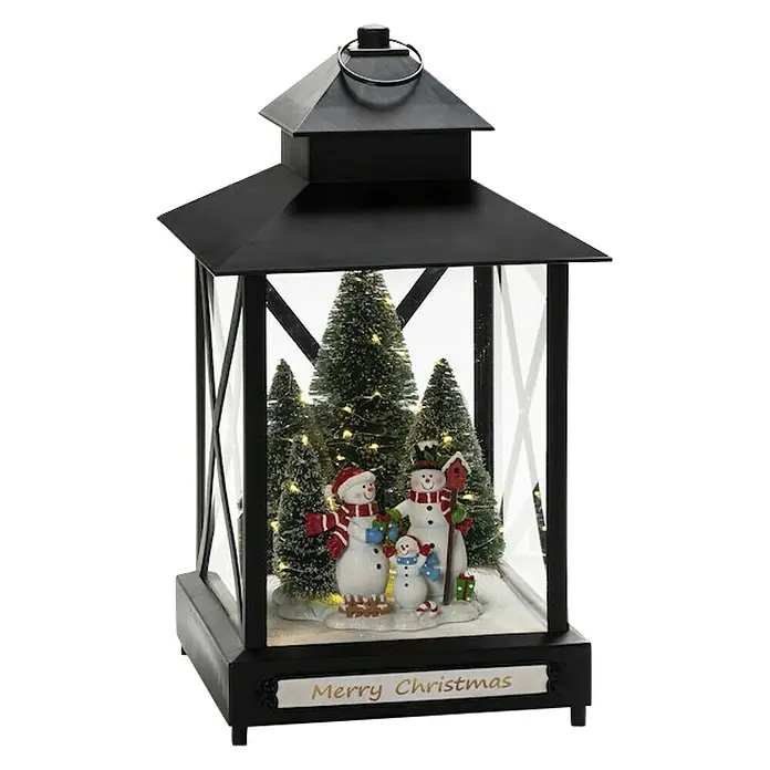 Konstsmide LED-Weihnachtsdekoleuchte - 24,5 x 24,5 x 42 cm, Schwarz, Netzbetrieben, LED - Dekorative Weihnachtslaterne mit Schneemannfamilie und Bäumen. Die Laterne verbreitet festliche Stimmung im Raum.