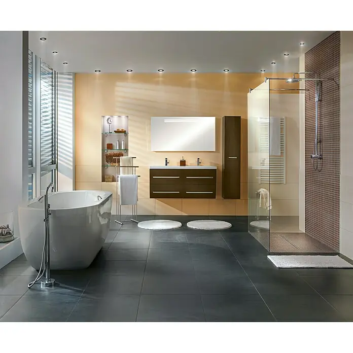 Tween Light LED-Einbauleuchten-Set - 9 W, Schwarz, 3 Stk., Warmweiß - Moderne Badezimmeransicht mit freistehender Badewanne, Waschtisch mit Schubladen, Dusche mit Glaswand und grauen Fliesen.