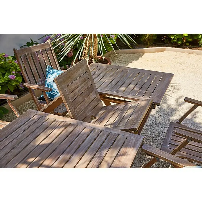 Sunfun Gartenmöbel-Set - 5 -tlg., Akazie, White washed - Holz Gartentisch und Stühle im Freien, mit einer Erweiterung die den Tisch vergrößert und für mehr Platz sorgt.