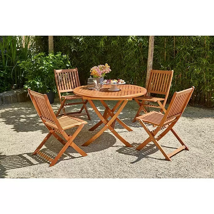 Sunfun Diana Gartentisch rund - Ø x H: 107 x 75 cm, Akazie, Naturbraun, Klappbar - Stimmungsaufnahme