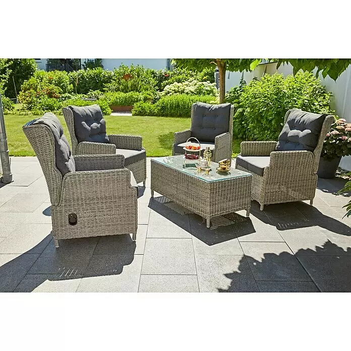 Loungemöbel-Set Pauline - 5 -tlg., Polyrattan/Glas, mit Loungetisch, Bambusgrau - Stimmungsaufnahme