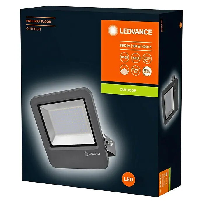 Ledvance LED-Strahler - 100 W - Das LEDVANCE Endura Flood Outdoor LED-Flutlicht mit 8800 Lumen, 100 Watt und 4000 K für den Außenbereich in der Produktverpackung.