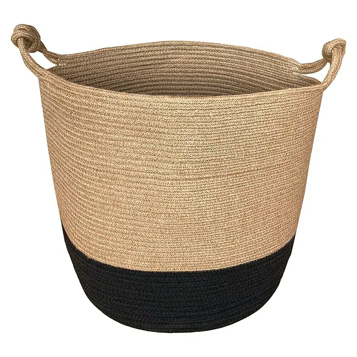 Lienbacher Cesta para leña - Ø x Al: 38 x 42 cm, Algodón de yute - Cesta decorativa trenzada de fibra natural con detalles en negro y asas robustas, ideal para soluciones de almacenamiento elegantes.