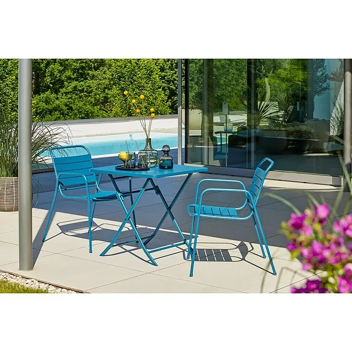 Sunfun Gartenstuhl Elodie - Stahl, Petrol, B x T x H: 57 x 64,5 x 83,5 cm - Blaues Bistro-Set mit Tisch und Stühlen für den Außenbereich, perfekt für gemütliche Stunden im Garten oder auf der Terrasse.