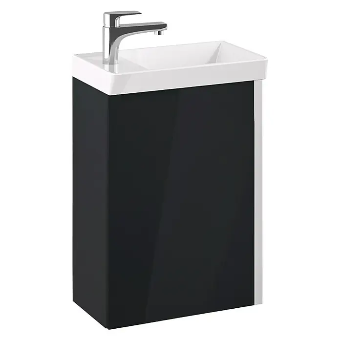 Riva Badmöbel-Set Joy - Gesamtbreite Badmöbel: 44,5 cm, Schwarz, Matt, 3 -tlg. - Schwarzer Waschtischunterschrank mit weißem Waschbecken und Armatur. Elegantes Design für moderne Badezimmer.