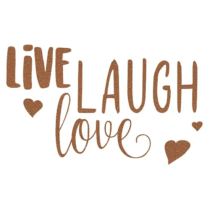 Komar Dekosticker Live Laugh Love - 6 -tlg., 70 x 50 cm - Illustration mit den glitzernden Worten "Live, Laugh, Love" und kleinen Herzen auf schwarzem Hintergrund für positive Stimmung.
