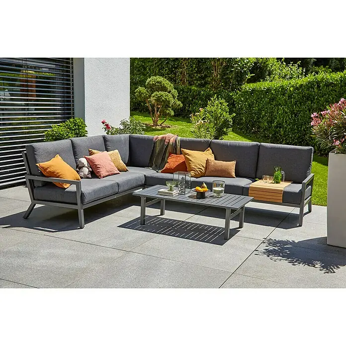 Sunfun Conjunto de muebles Maja - 2 pzs., Aluminio/Poliéster, Antracita - Elegante sofá seccional de exterior gris con mesa de centro y cojines de colores, ideal para relajarse al aire libre.
