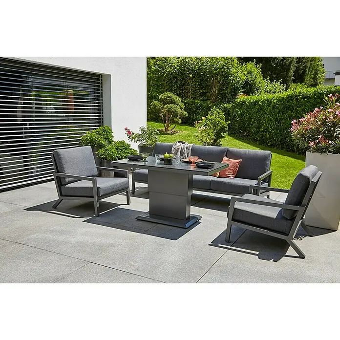 Sunfun Garten-Couchtisch Maja Lift - L x B x H: 130 x 75 x 74 cm, Anthrazit - Elegante Gartensitzgruppe mit Sofa, Sesseln und Tisch in Grau. Perfekt für stilvolle Entspannung im Freien und gesellige Stunden auf der Terrasse.