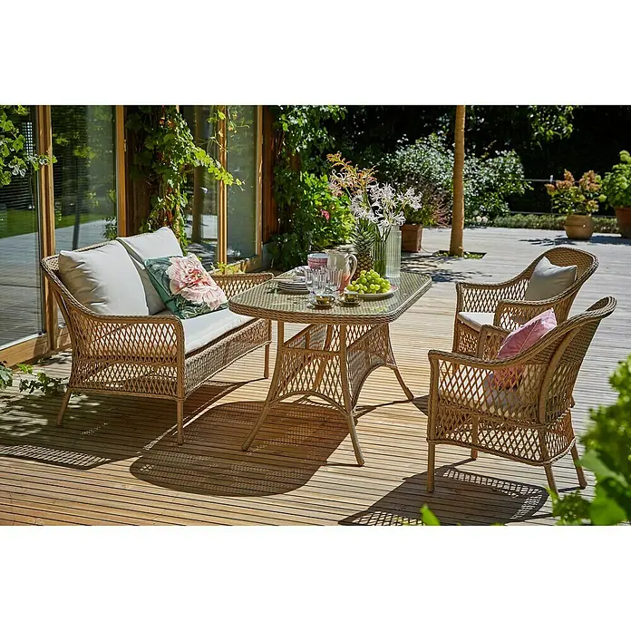 Sunfun Mesa de jardín Sophie - L x An x Al: 140 x 80 x 72 cm, Aluminio, Beige - Elegante conjunto de sofás de ratán con mesa, sofá y sillas para uso exterior, perfecto para horas de relax en el jardín o en el patio.
