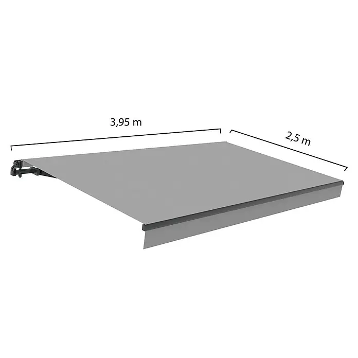 SmartSun Toldo de brazos extensibles Noir Limited Edition Kit - Gris piedra, Ancho: 4 m, Caída: 2,5 m - Imagen de un toldo gris con dimensiones de 3,95 m x 2,5 m, ideal para proporcionar sombra en patios o balcones.