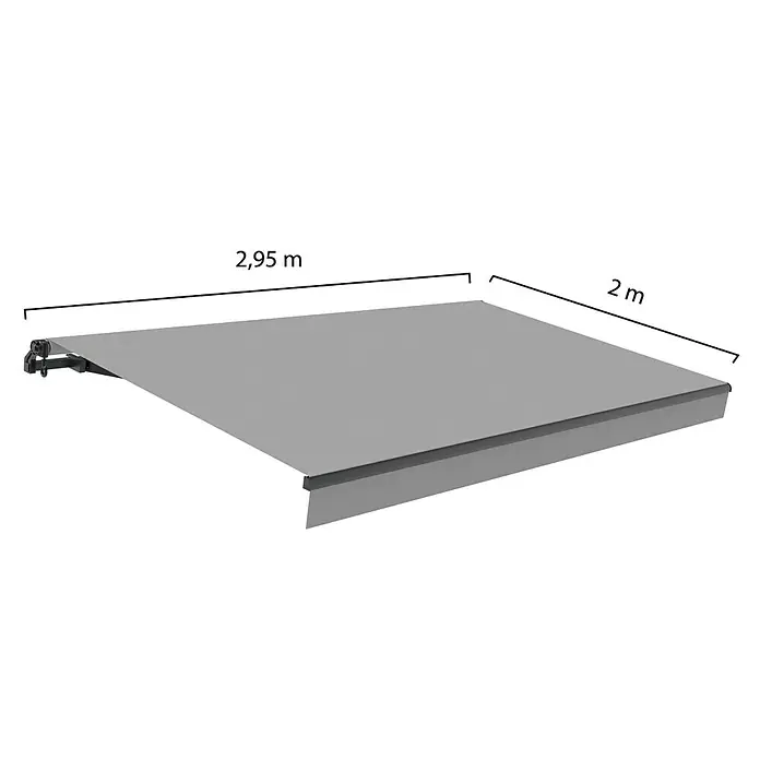 SmartSun Toldo de brazos extensibles Noir Limited Edition Kit - Gris piedra, Ancho: 3 m, Caída: 2 m - Ilustración de un toldo gris con indicaciones de tamaño. El toldo es adecuado para uso en exteriores y proporciona protección solar.