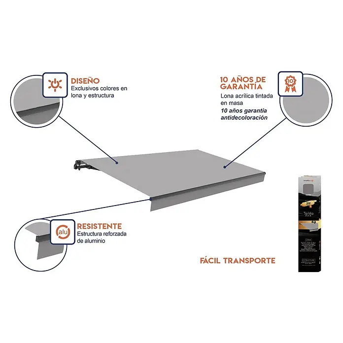 SmartSun Toldo de brazos extensibles Noir Limited Edition Kit - Gris piedra, Ancho: 4 m, Caída: 2,5 m - Primer plano de un toldo gris, destacando sus características de diseño, materiales y garantía anti-decoloración de 10 años.