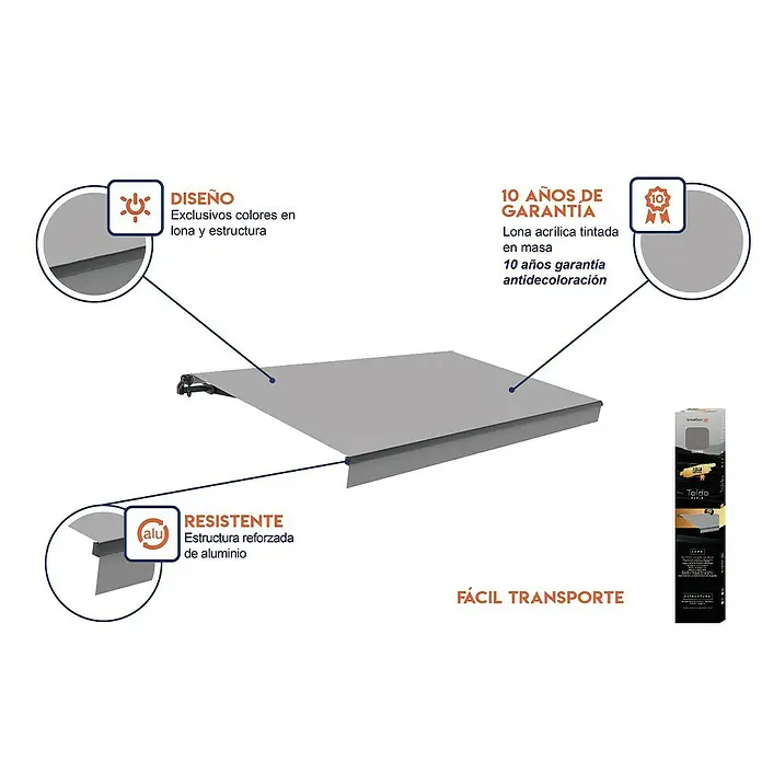 SmartSun Toldo de brazos extensibles Noir Limited Edition Kit - Gris piedra, Ancho: 4 m, Caída: 2,5 m - Primer plano de un toldo gris, destacando sus características de diseño, materiales y garantía anti-decoloración de 10 años.