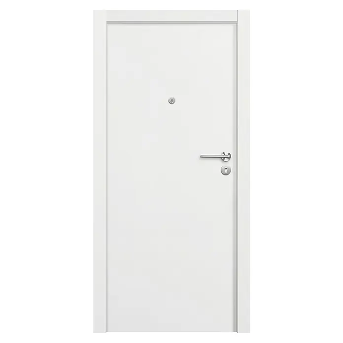Solid Elements Puerta de entrada interior mixta - 82,5 x 203 cm, Izquierda, Sapelly/Blanco, Semiblindada - Una puerta interior blanca y elegante con herrajes plateados, ideal para espacios de vida modernos. La puerta presenta líneas limpias y diseño minimalista.